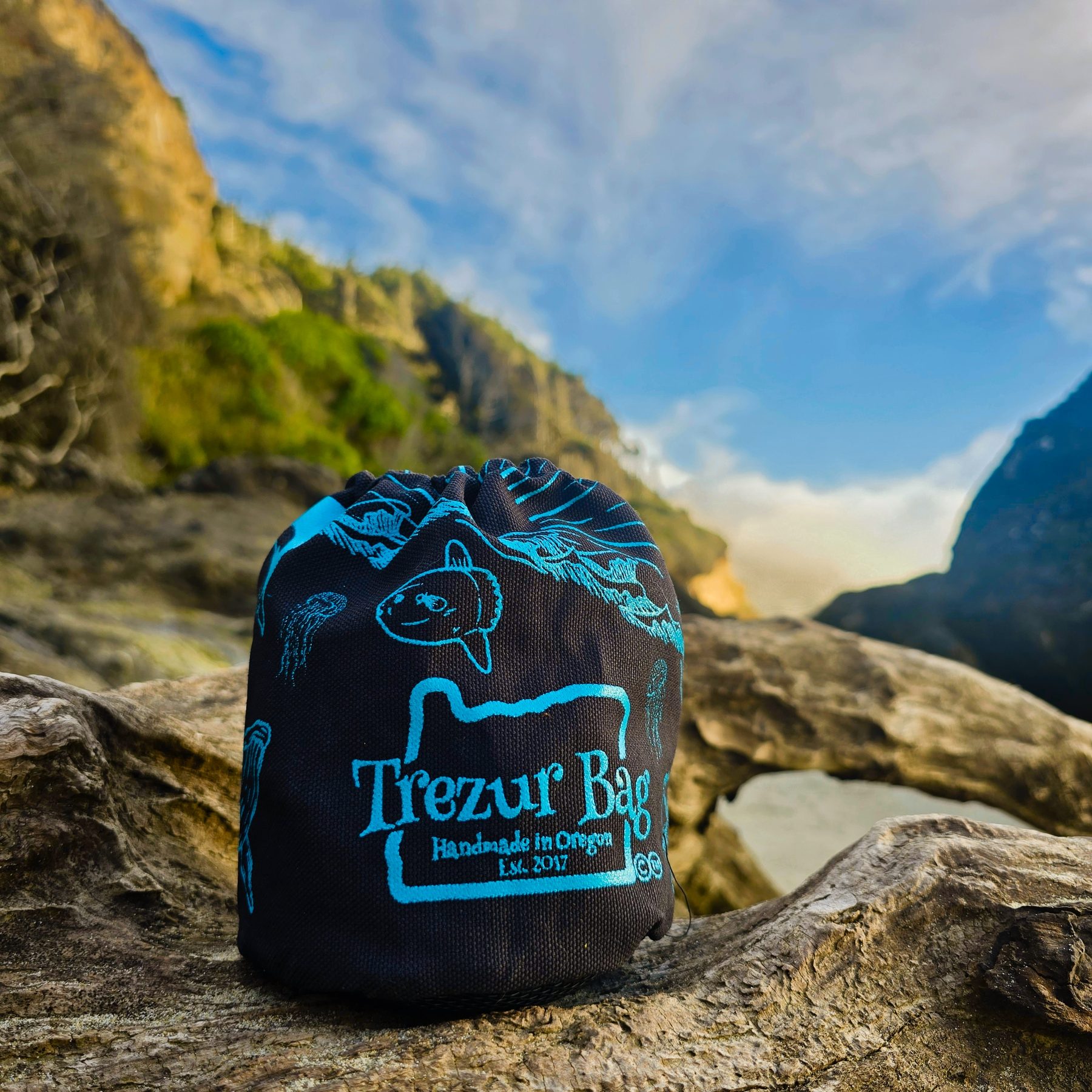 Black Trezur Bag photographed on the Oregon Coast