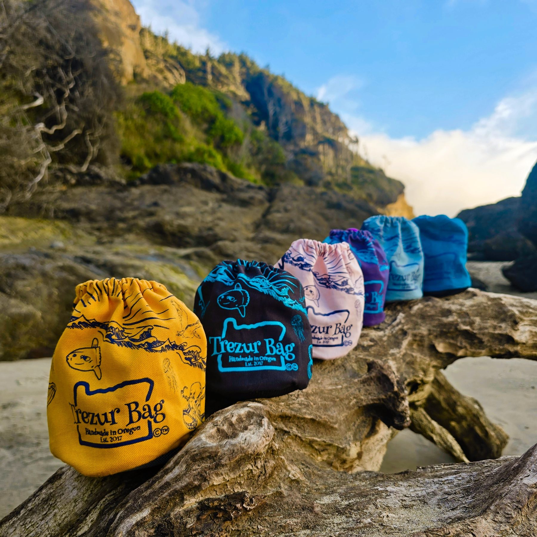 Six 2026 Trezur Bags standing together on a log at the Oregon Coast