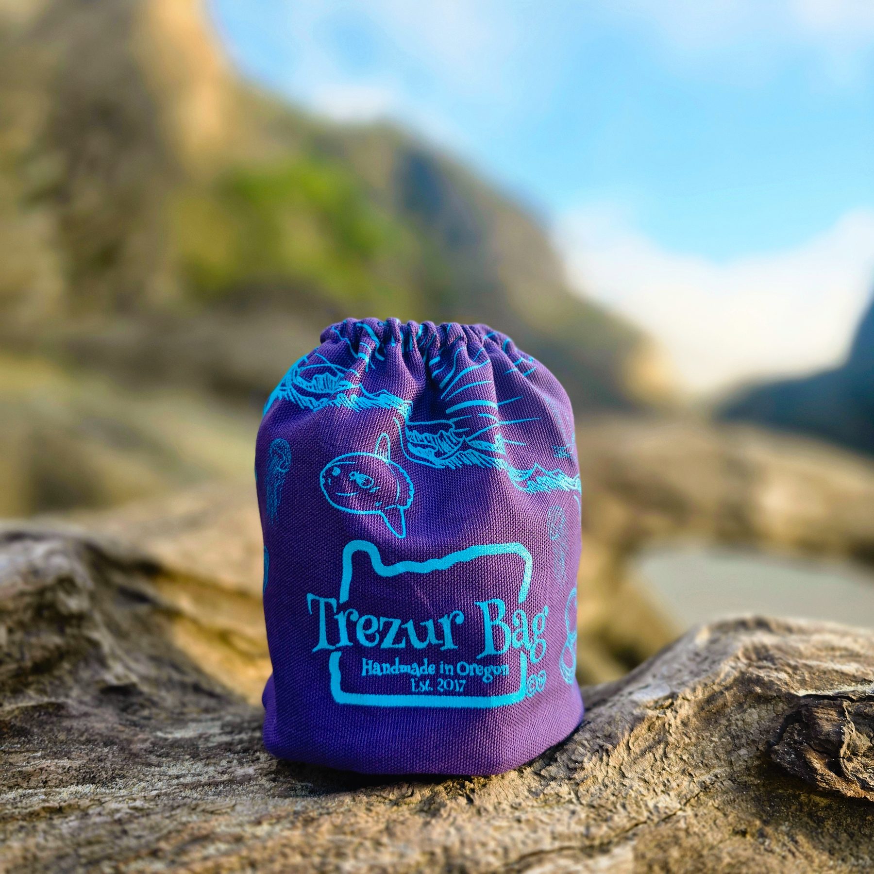 Purple Trezur Bag photographed on the Oregon Coast